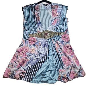 100% Silk Women's Medium Blouse Top Deep V-Neck Metal Detail Floral Y2K Festival